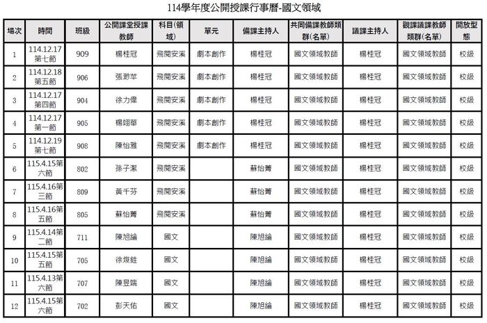 公告！！本校114學年度教師公開授課行事曆~~圖片