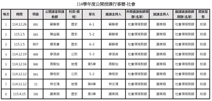 公告！！本校114學年度教師公開授課行事曆~~圖片