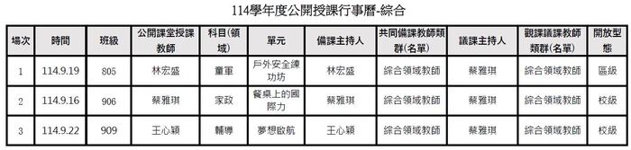 公告！！本校114學年度教師公開授課行事曆~~圖片