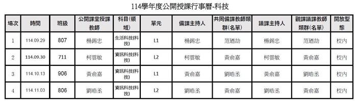 公告！！本校114學年度教師公開授課行事曆~~圖片