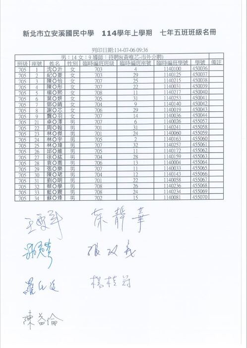 公告！！本校114學年度新生編班名單及導師名單~~圖片