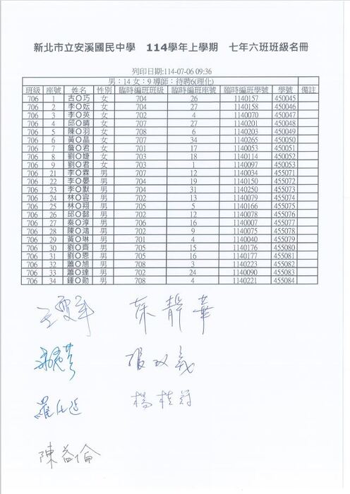 公告！！本校114學年度新生編班名單及導師名單~~圖片