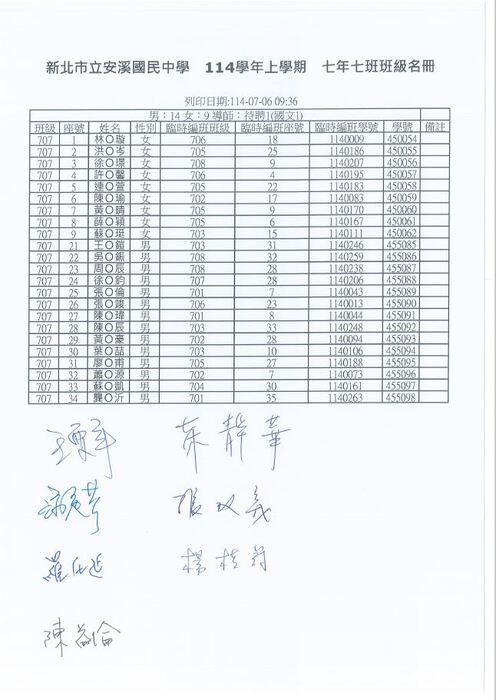 公告！！本校114學年度新生編班名單及導師名單~~圖片