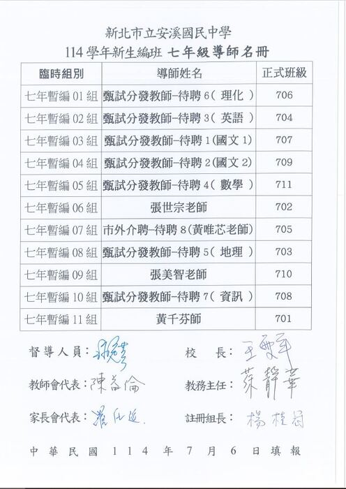 公告！！本校114學年度新生編班名單及導師名單~~圖片