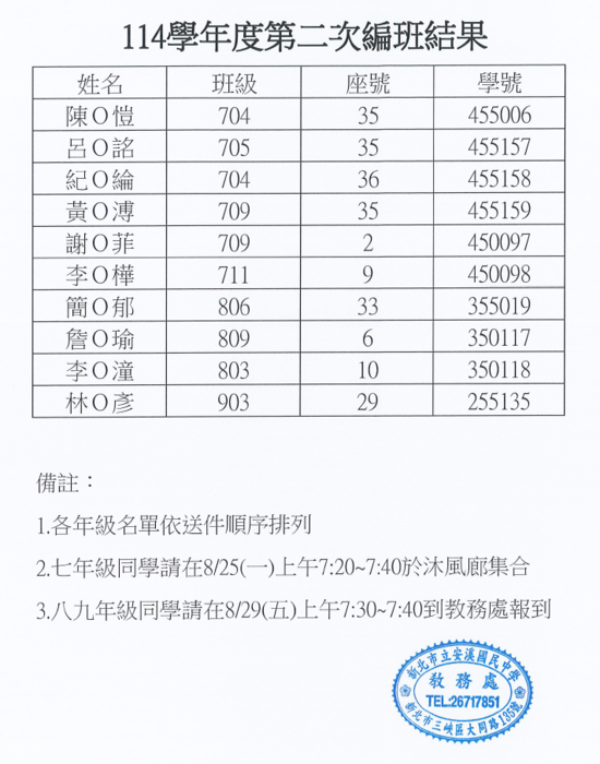 公告!!114學年度第二次編班結果~~圖片